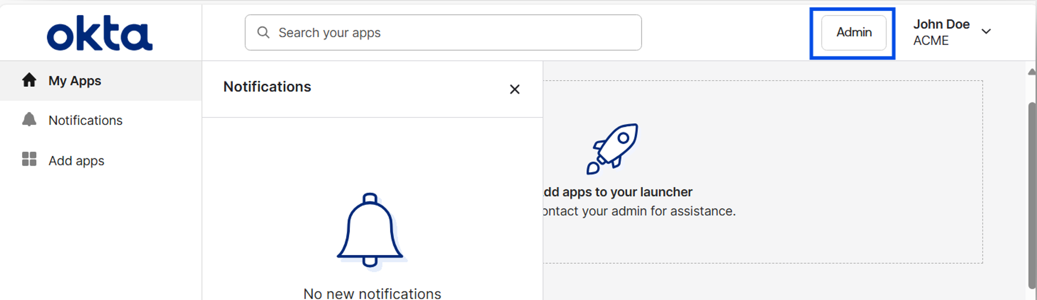 Screenshot that shows how to access the Admin button in the Okta console.