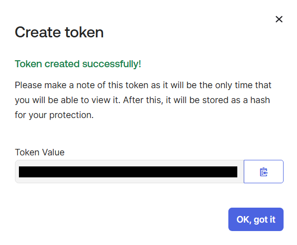 Screenshot of the Okta token creation success message.