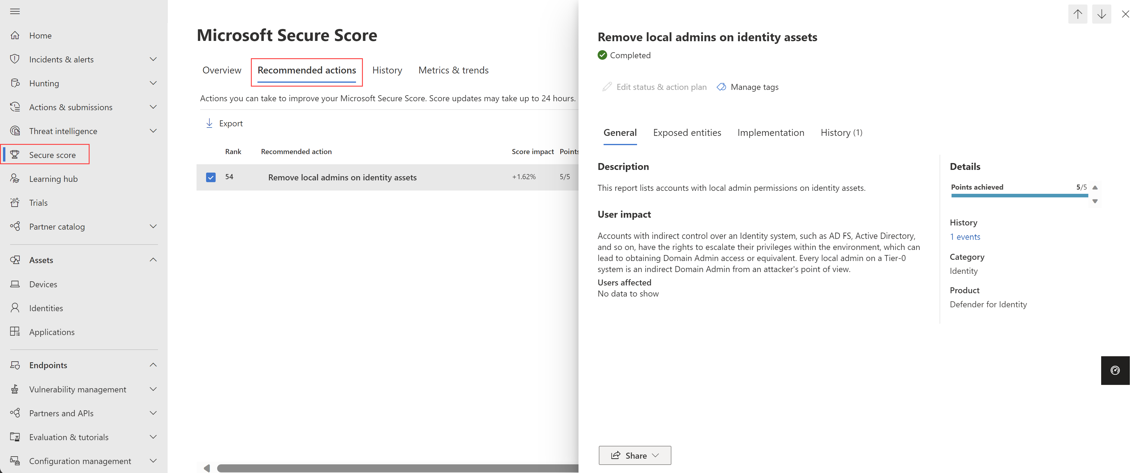 Screenshot that shows the recommended action to remove local admins on identity assets.