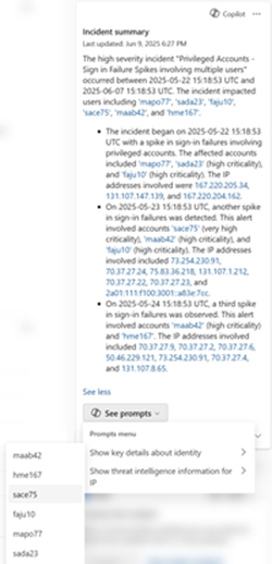 Screenshot that shows the Copilot suggested prompts on the incident summary card.
