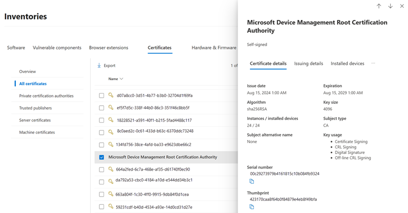 Screenshot of the certificate details page