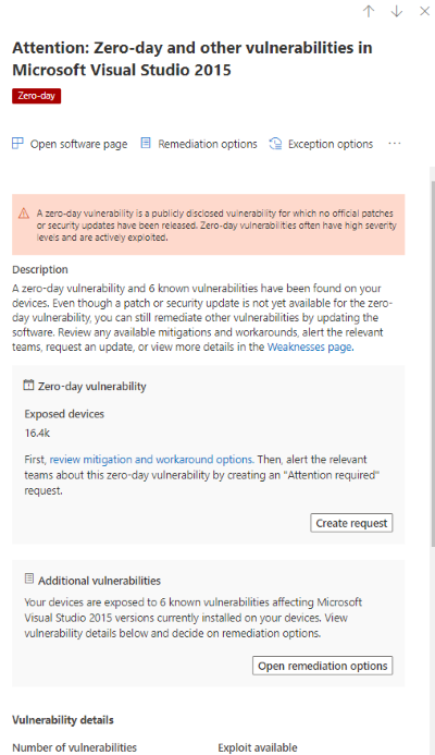 Zero day flyout example of Windows Server 2016 in the security recommendations page.