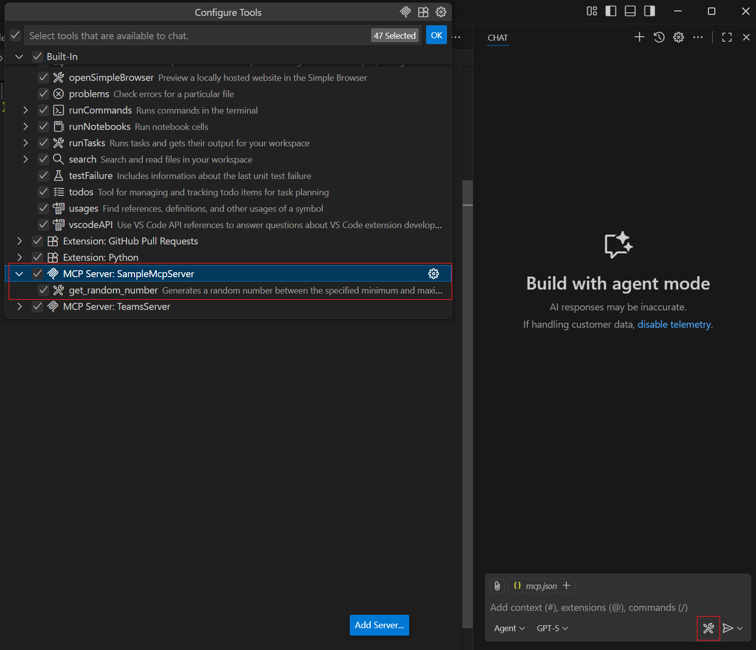 A screenshot showing the available MCP tools.