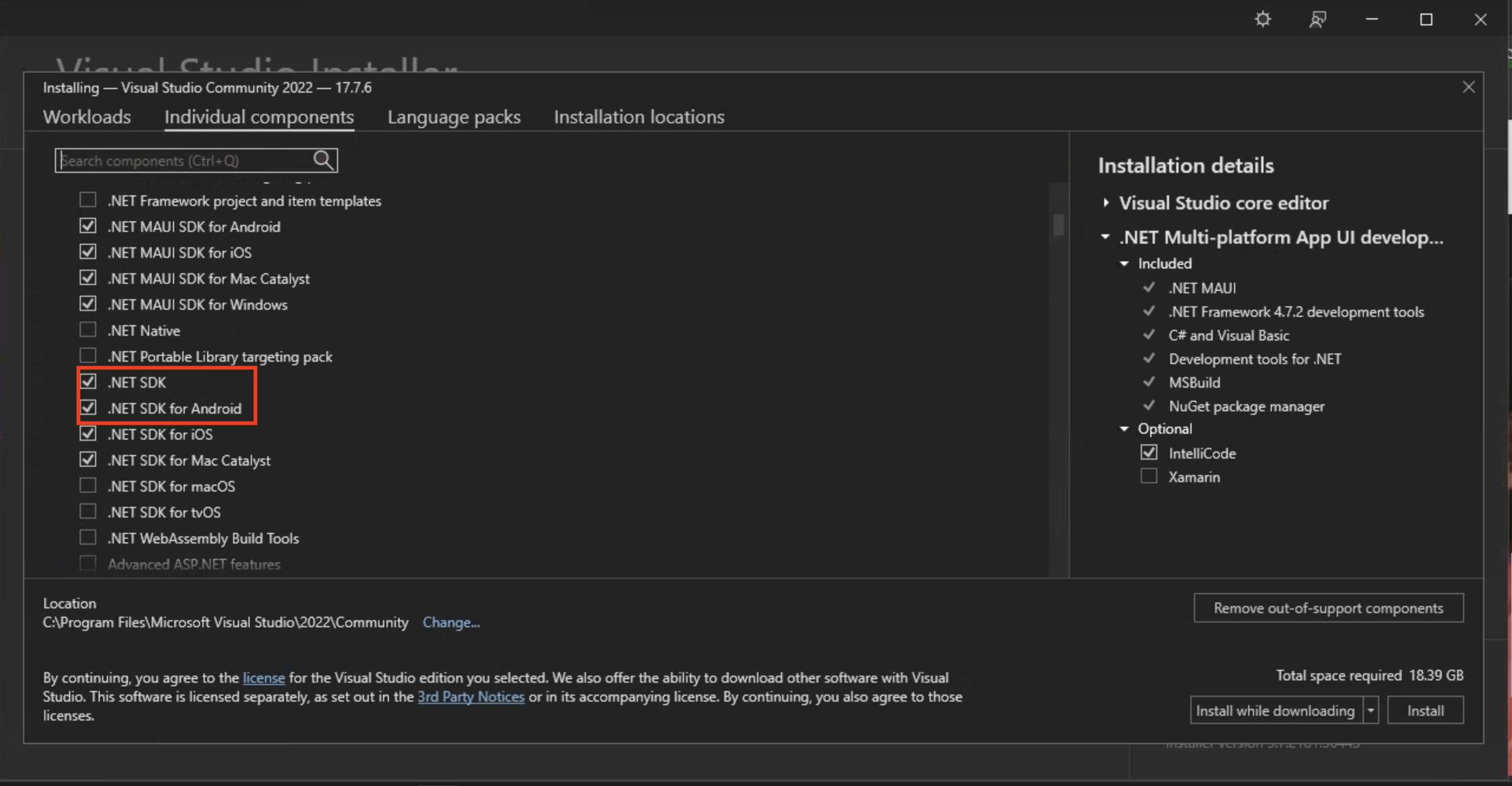Select .NET for Android SDK Component