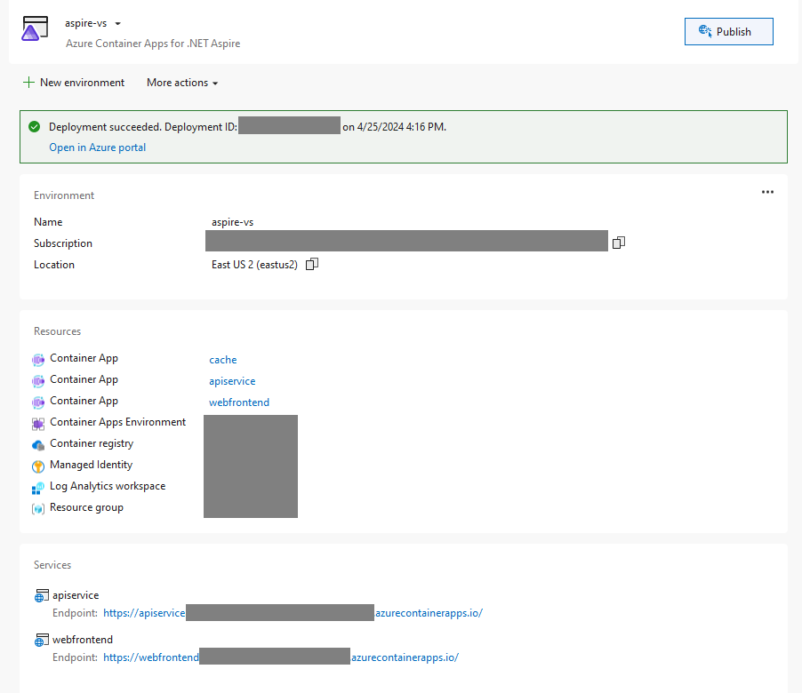 A screenshot of the completed publishing process and deployed resources.