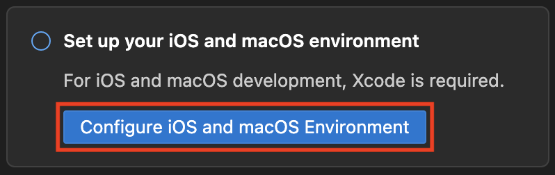 Screenshot of the Visual Studio Code Configure iOS and macOS Environment button.