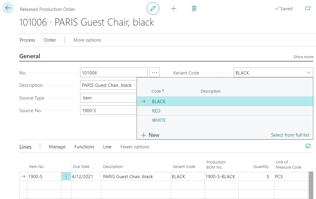 Variant Code field in the Released Production Order Variant Code field in the Released Production Order