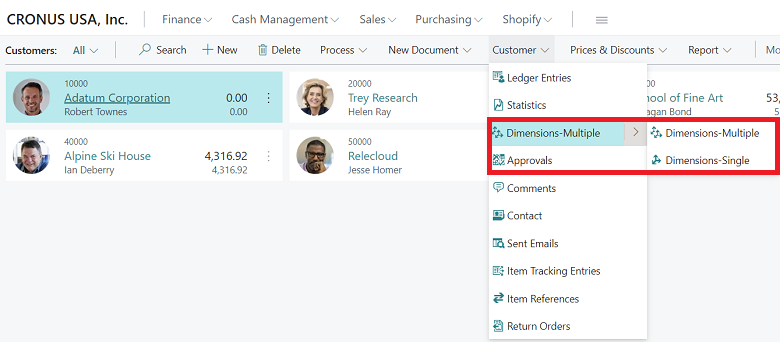 Screenshot shows a split button introduced in the Customer action group in Customer List. Screenshot shows a split button introduced in the Customer action group in Customer List.