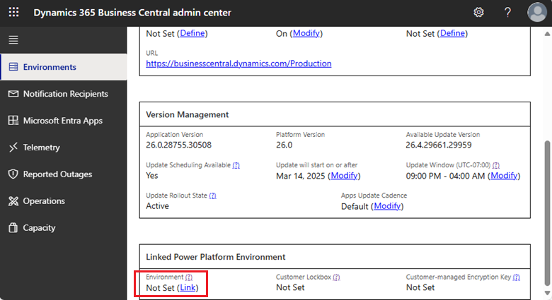 Screenshot showing the Linked Power Platform setting on the environment in the Business Central admin center