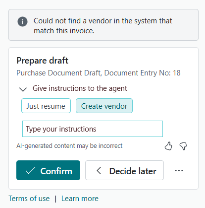 Agent is instructed to create the vendor