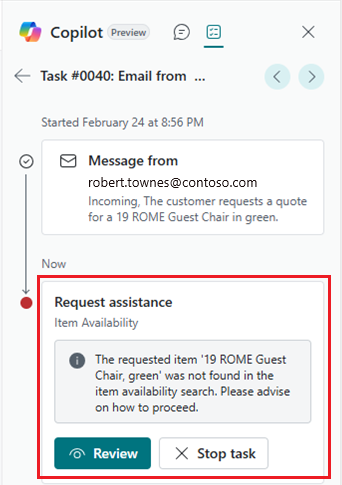 Screenshot of the Sales Order Agent task tab that shows a request-for-assistance step about item availability Screenshot of the Sales Order Agent task tab that shows a request-for-assistance step about item availability