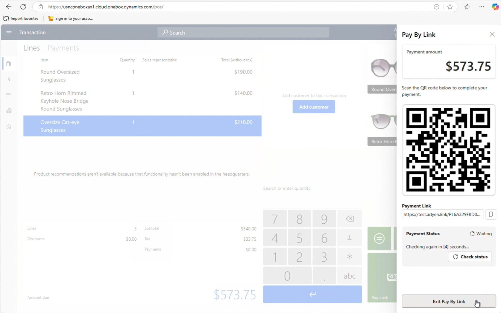 Screenshot that shows the pay by link user experience in POS.