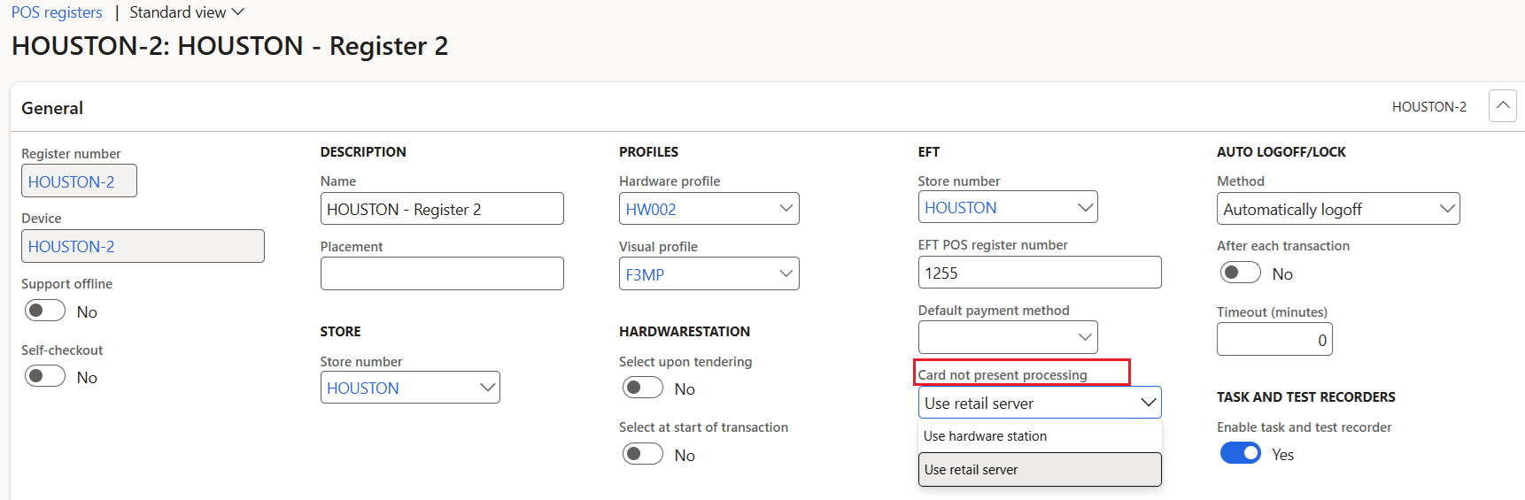 Screenshot that shows the Card not present processing field set to Use retail server for a register in Commerce headquarters.