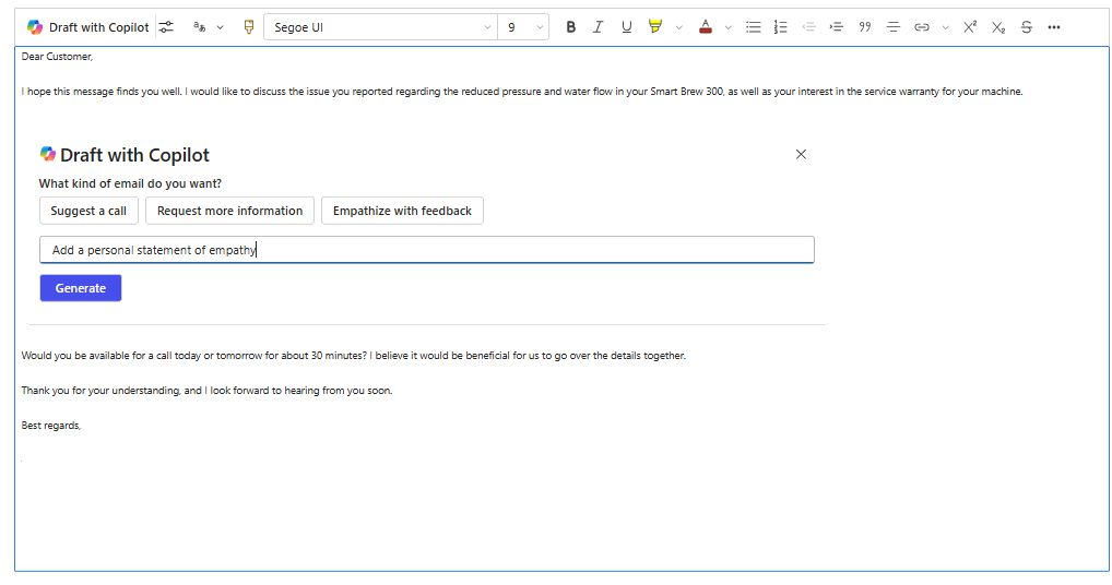 Screenshot of a partial draft an email in rich text editor.