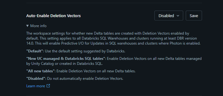 Screenshot showing the Auto-Enable Deletion Vectors setting.