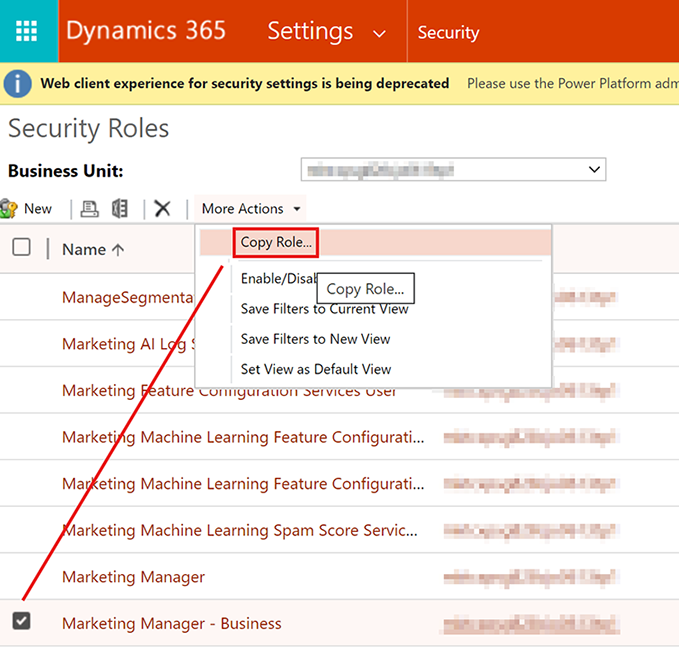 Screenshot of the Copy security role window.