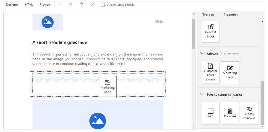 Add a Marketing Page element to a message Add a marketing-page element to a message.