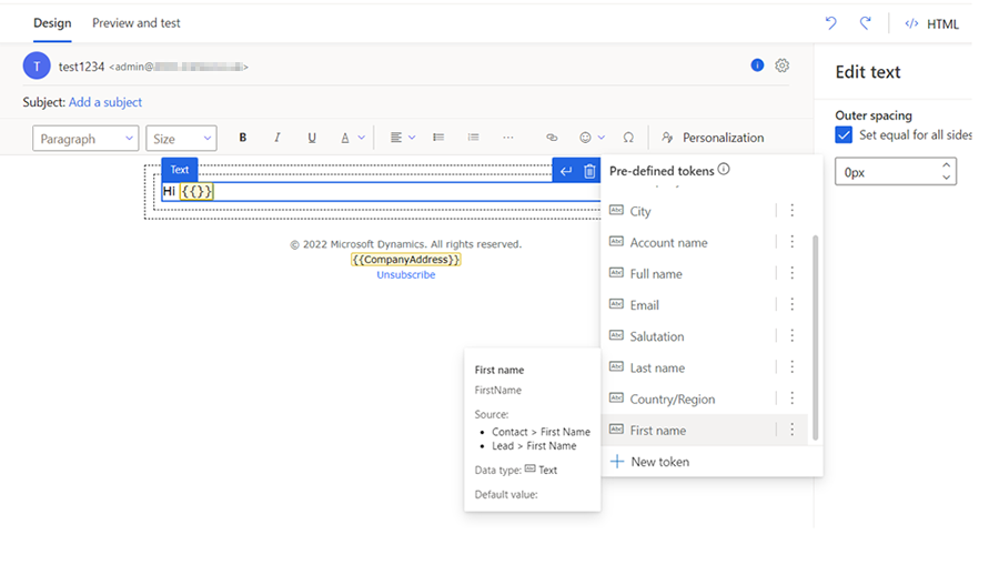 Screenshot of adding predefined dynamic text to an email message Screenshot of adding predefined dynamic text to an email message.