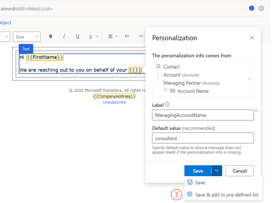 Screenshot of saving and adding new predefined dynamic text Screenshot of saving and adding new predefined dynamic text.