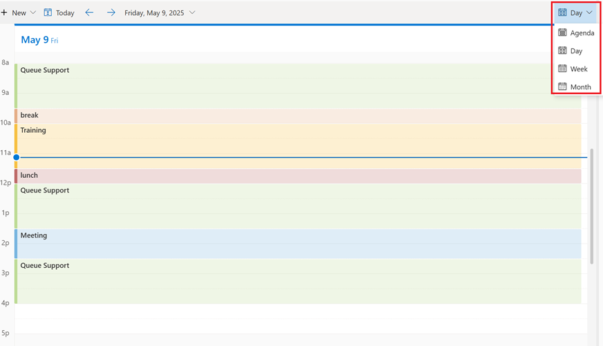 Calendar view of a service representative's schedule with the menu to change views expanded.