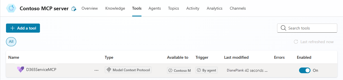 Screenshot of an AI agent configured with MCP server in Copilot Studio.