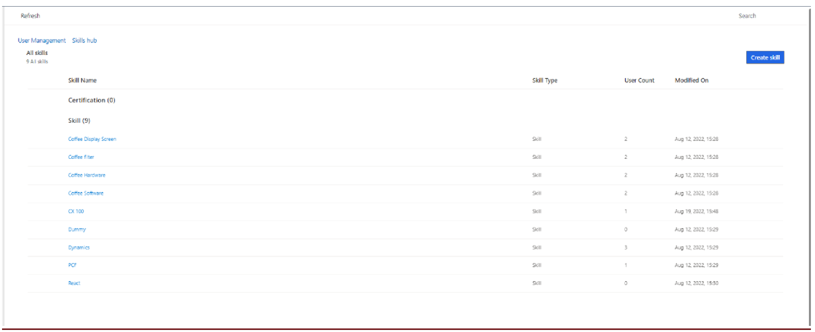 Skills list Export to Excel option Export to Excel option for skills list.