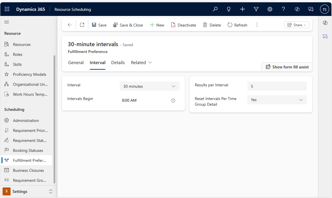 Screenshot fo a fulfillment preferences record on the Intervals tab.