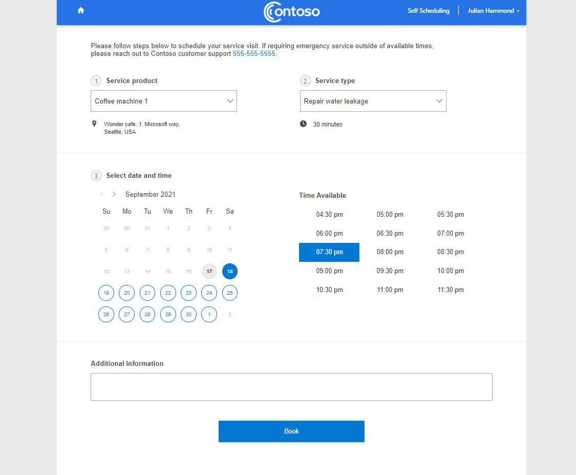 Screenshot of self-scheduling page of the customer experience portal, showing booking options.