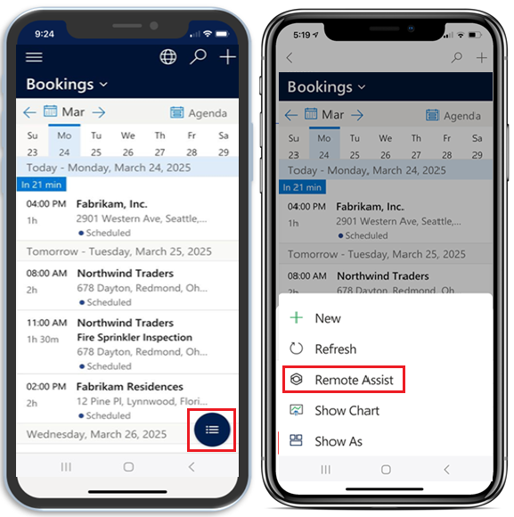 Screenshot of two mobile devices and the workflow that brings up the Dynamics 365 Remote Assist launching option.