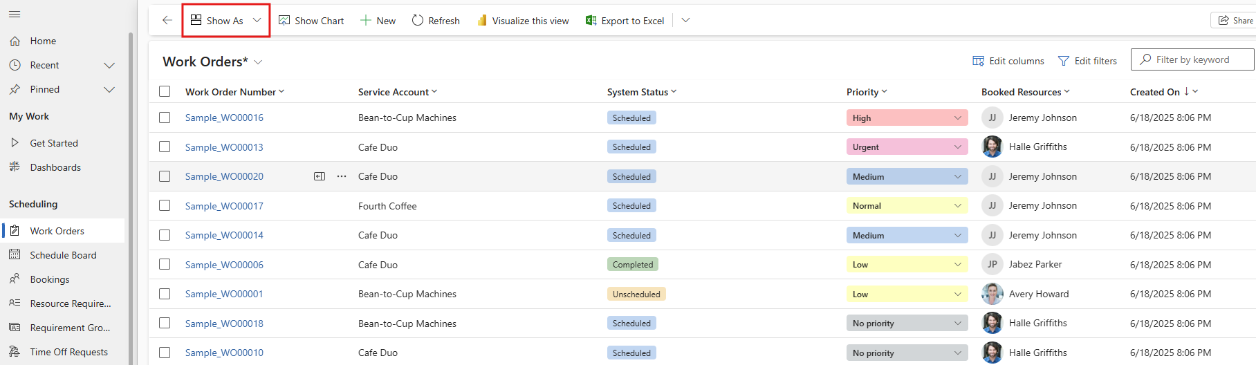 Screenshot of the new Work Orders view in the refreshed Field Service user experience, with the Show As button highlighted.