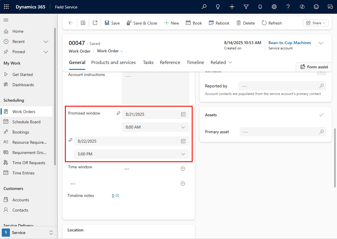 Screenshot of the time window preferences on a work order form.