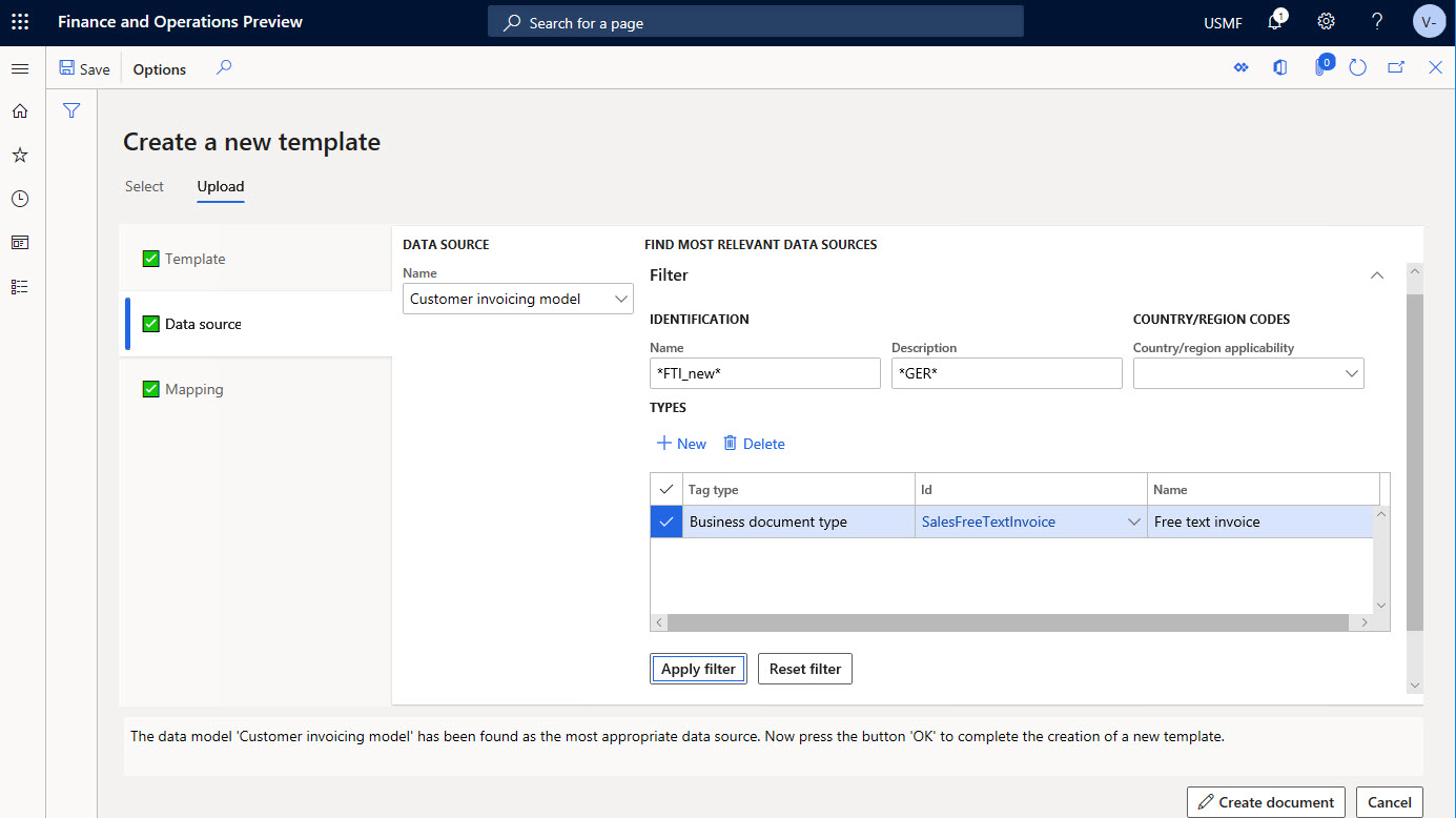Data source tab on the Upload tab of the Create a new template page.