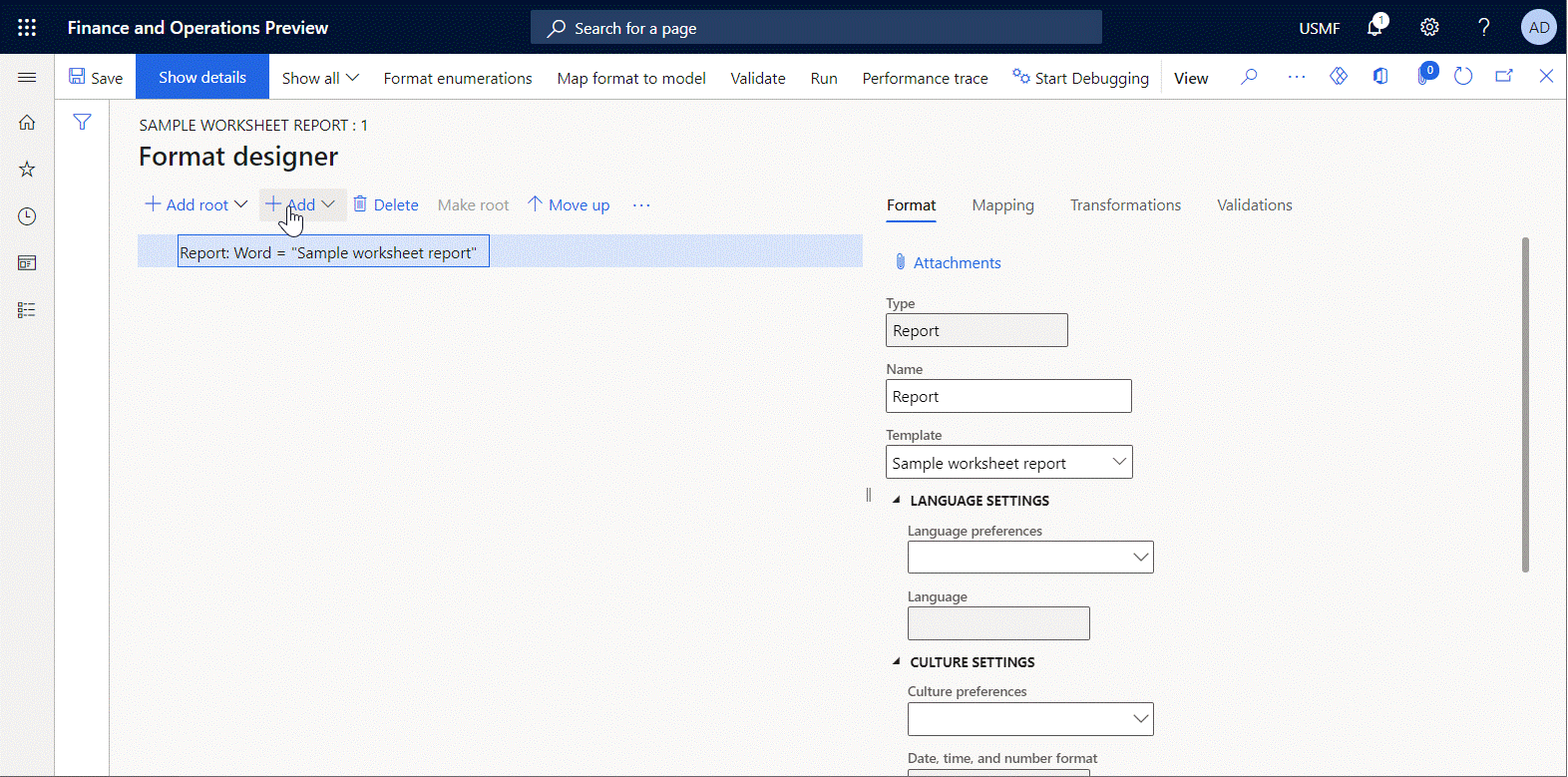Adding nested elements on the Format designer page.