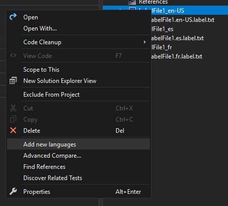 Screenshot of Add new languages command.