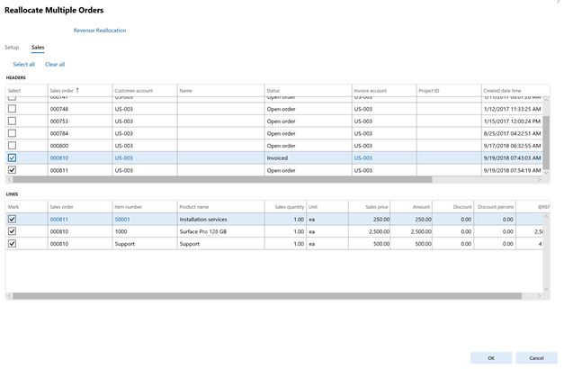 Multiple sales order reallocation screenshot.
