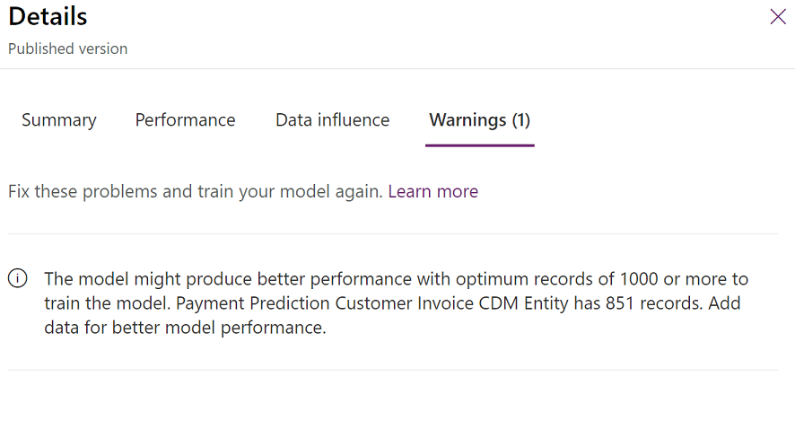 Warnings about the model's performance.