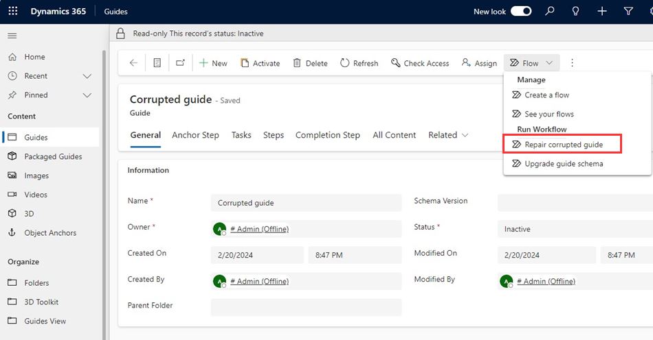 Screenshot of Repair corrupted guide flow command Screenshot of Repair corrupted guide flow command.