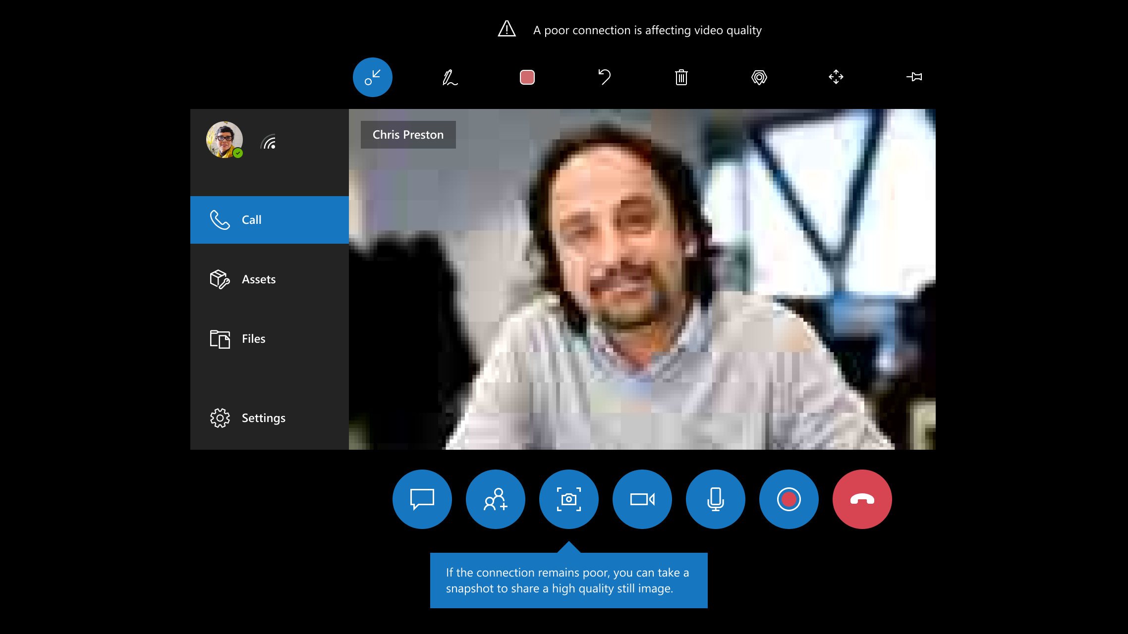 Share Screenshot of Dynamics 365 Remote Assist on HoloLens, showing the Poor Network notification and the Share Snapshot option on the HoloLens device screen.