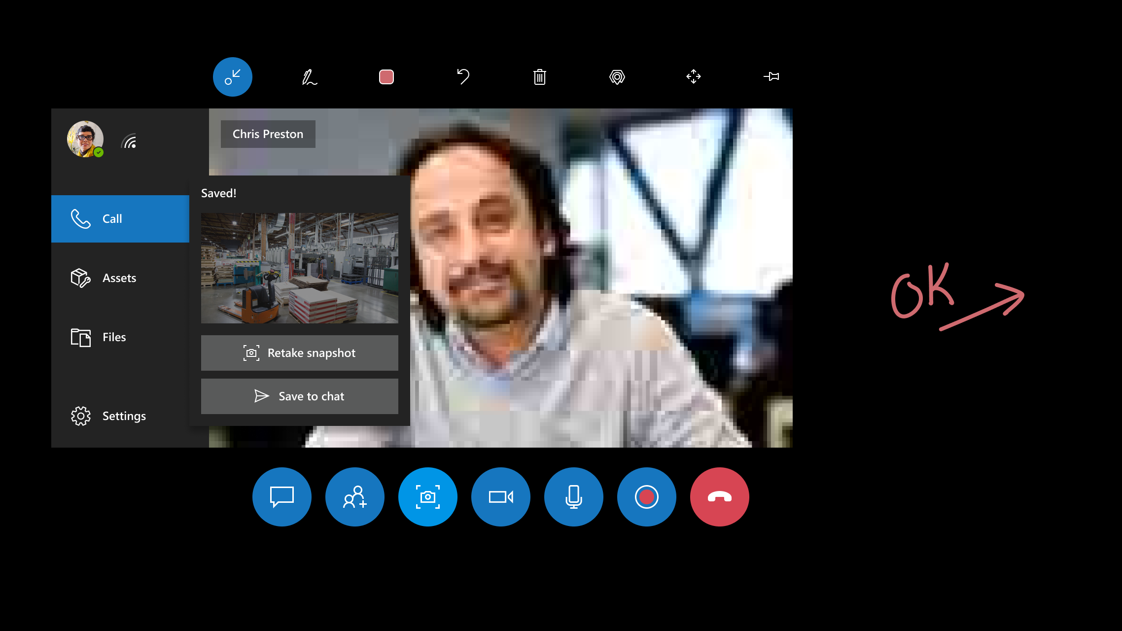 Video Feed Screenshot of Dynamics 365 Remote Assist on HoloLens showing the return to video call.