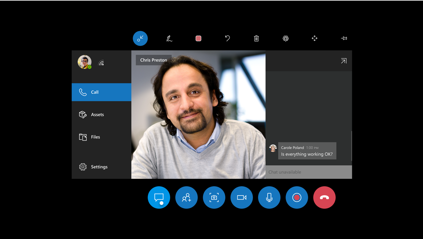 HoloLens app screenshot showing Chat unavailable in Chat window HoloLens app screenshot showing Chat unavailable in Chat window.