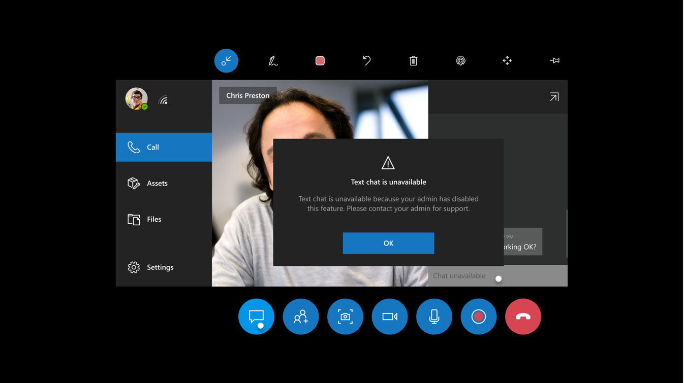 HoloLens app screenshot showing chat message HoloLens app screenshot showing chat message.