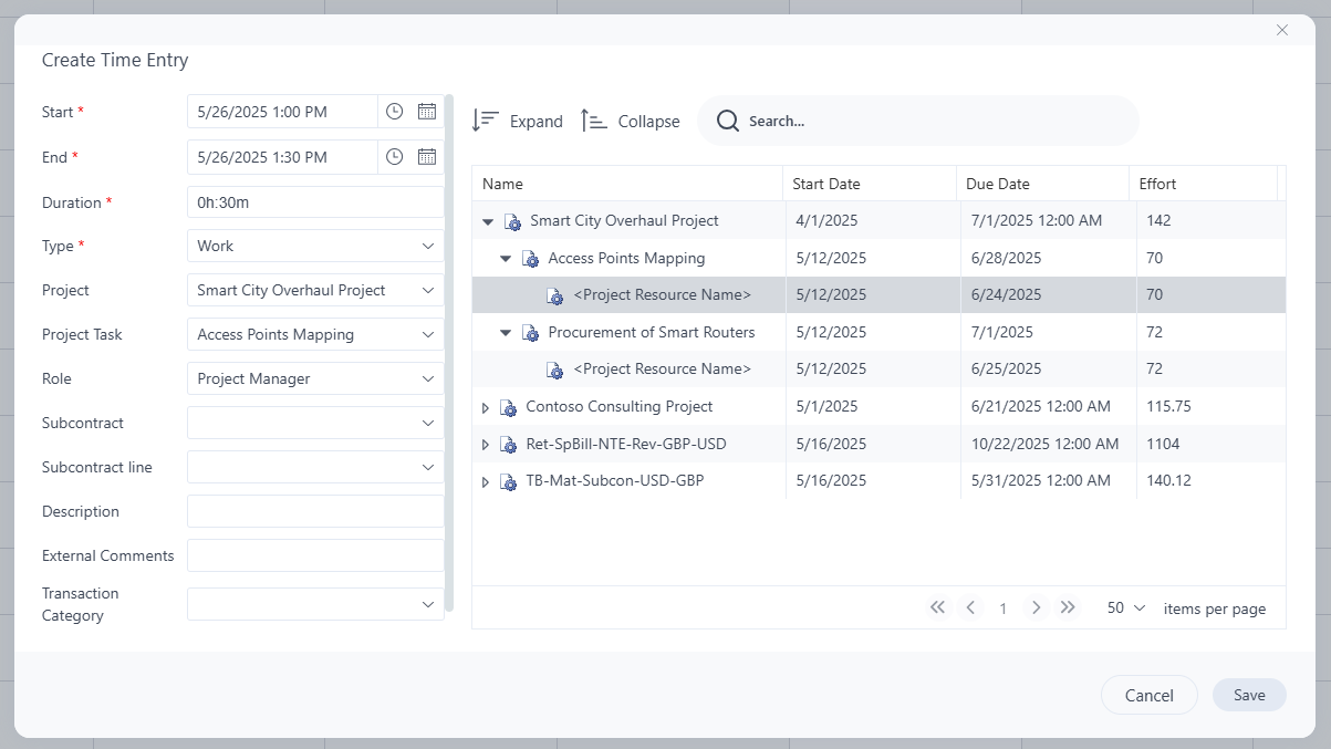 Screenshot that shows the Create Time Entry dialog, where the Project, Project Task, and Role fields on the left side are populated based on a task assignment that is selected on the right side.