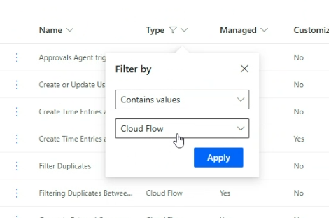 Screenshot that shows a filter being applied to the Type column on the Project Service agent solution details page, so that only cloud flows are shown.