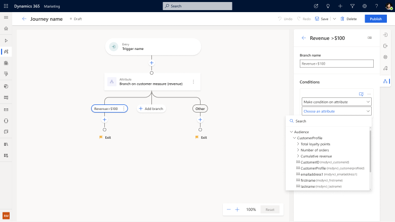 Screenshot of selecting unified profile attributes in a customer journey. Screenshot of selecting unified profile attributes in a customer journey.