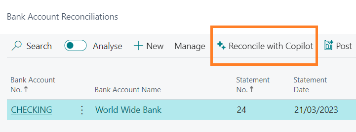 Reconcile with Copilot, a new AI-powered action on the Bank account reconciliation list page. Reconcile with Copilot, a new AI-powered action on the Bank account reconciliation list page.