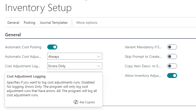 Inventory Setup page Inventory Setup page