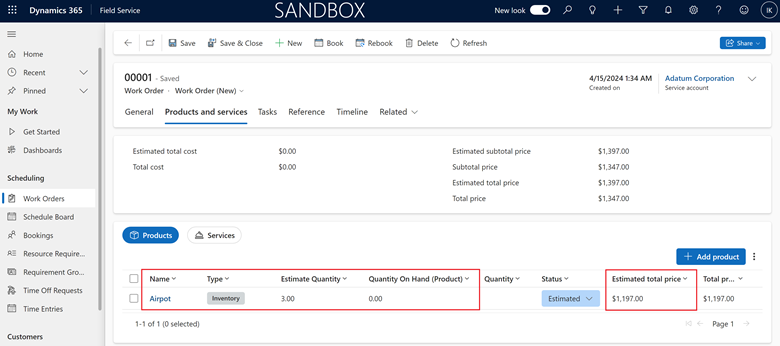 Shows Work Order Product with quantity on hand and estimated price highlighted Shows Work Order Product with quantity on hand and estimated price highlighted