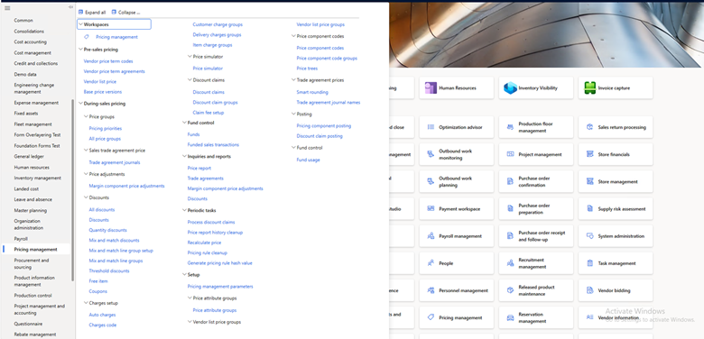Unified Pricing Management navigation in Dynamics 365 Commerce headquarters. Unified Pricing Management navigation in Dynamics 365 Commerce headquarters.