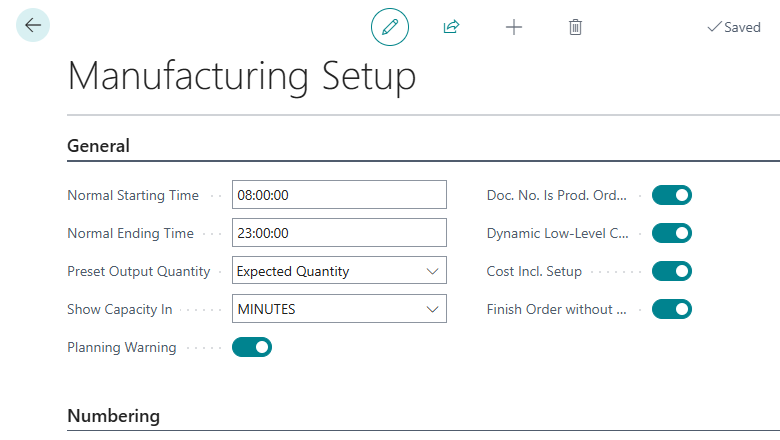 Manufacturing Setup page Manufacturing Setup page