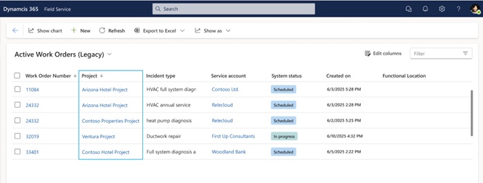 Screenshot showing project association in the work order list view